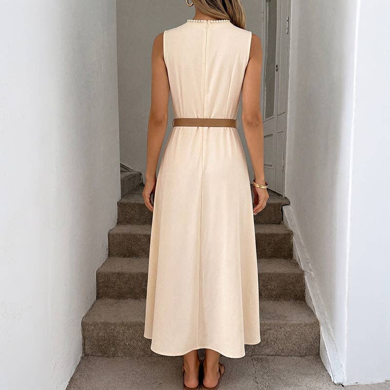 Sleeveless Bow Belt Midi Dress Elegant A-Line Summer Dress