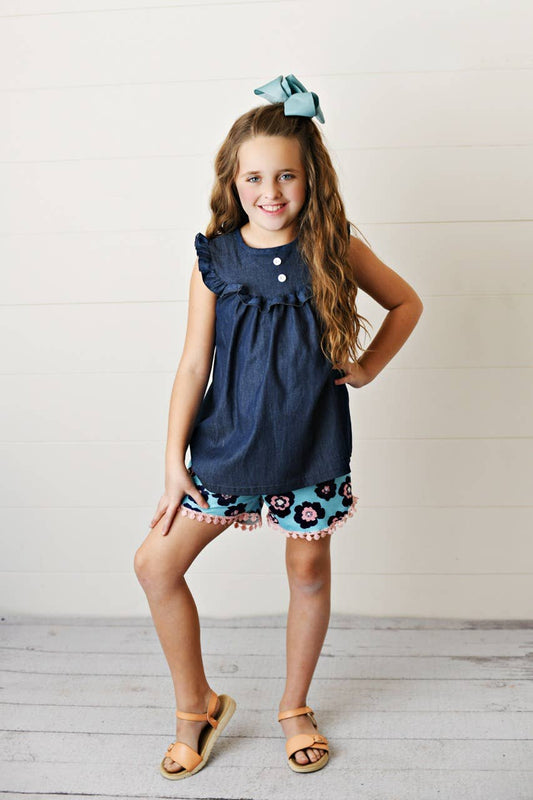 Adorable Sweetness - Kids Dark Jean Flower Ruffle Button Spring Two Piece Set