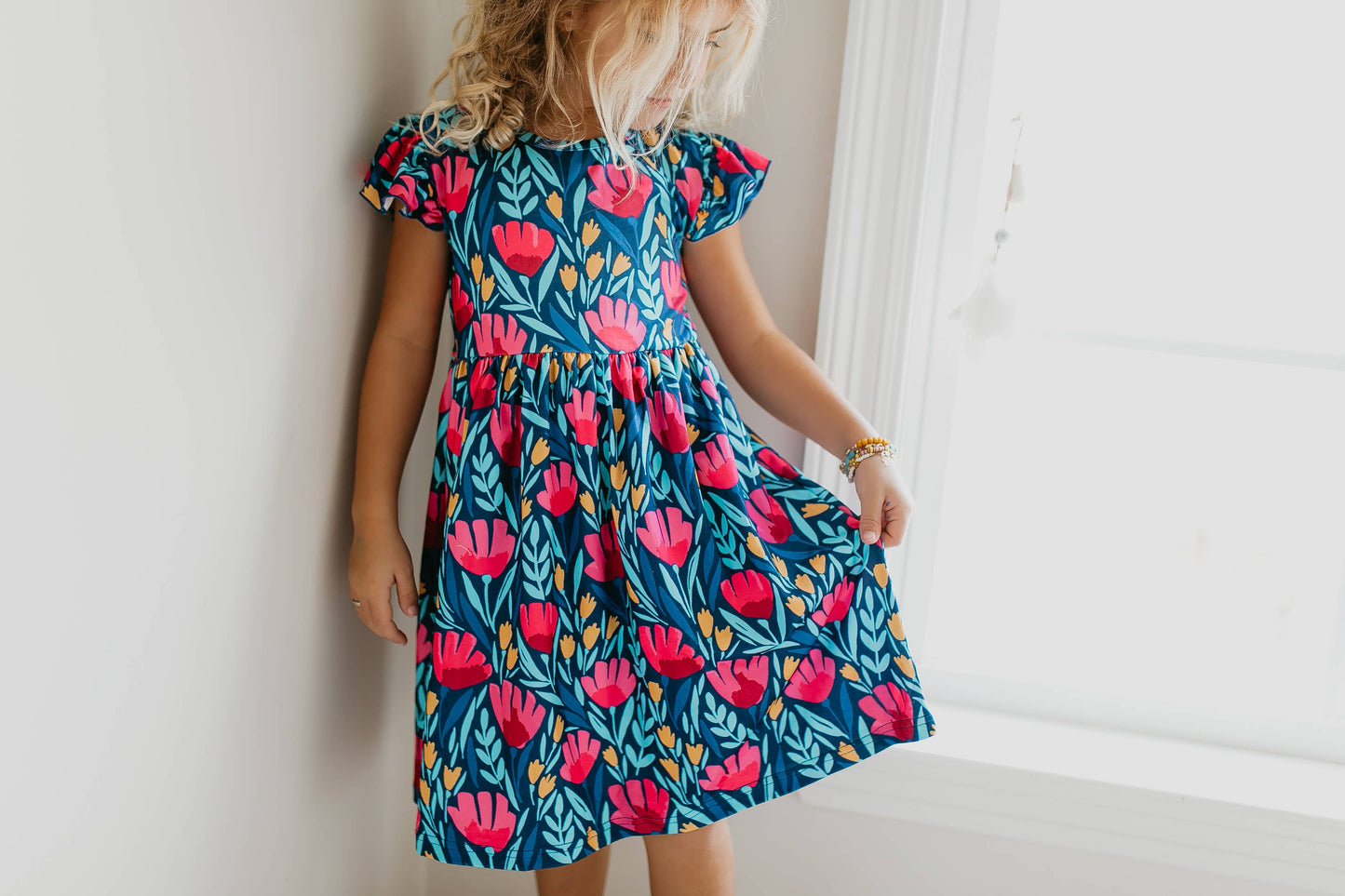 Kids Blue Floral Flutter Sleeve Summer Dress