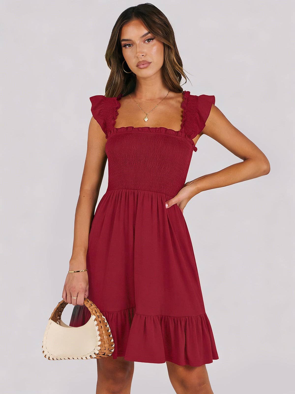 Women’s Smocked Square Neck Ruffle Sleeve Mini Dress Casual Summer Flowy A Line Dress