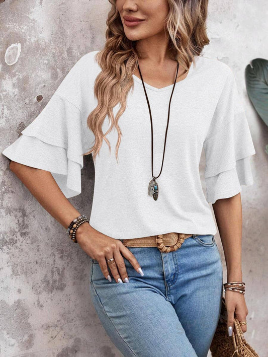 Women's V-Neck Flutter Sleeve Top – Casual Summer T-Shirt