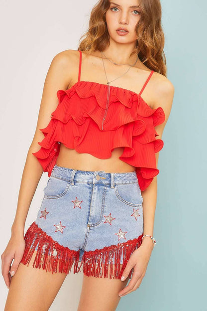 Star Fringe Denim Short: DENIM/RED