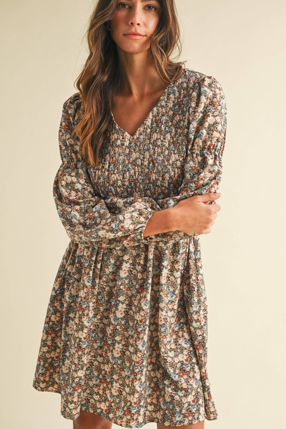 Vintage Flower Print Smocking Detail Mini Dress