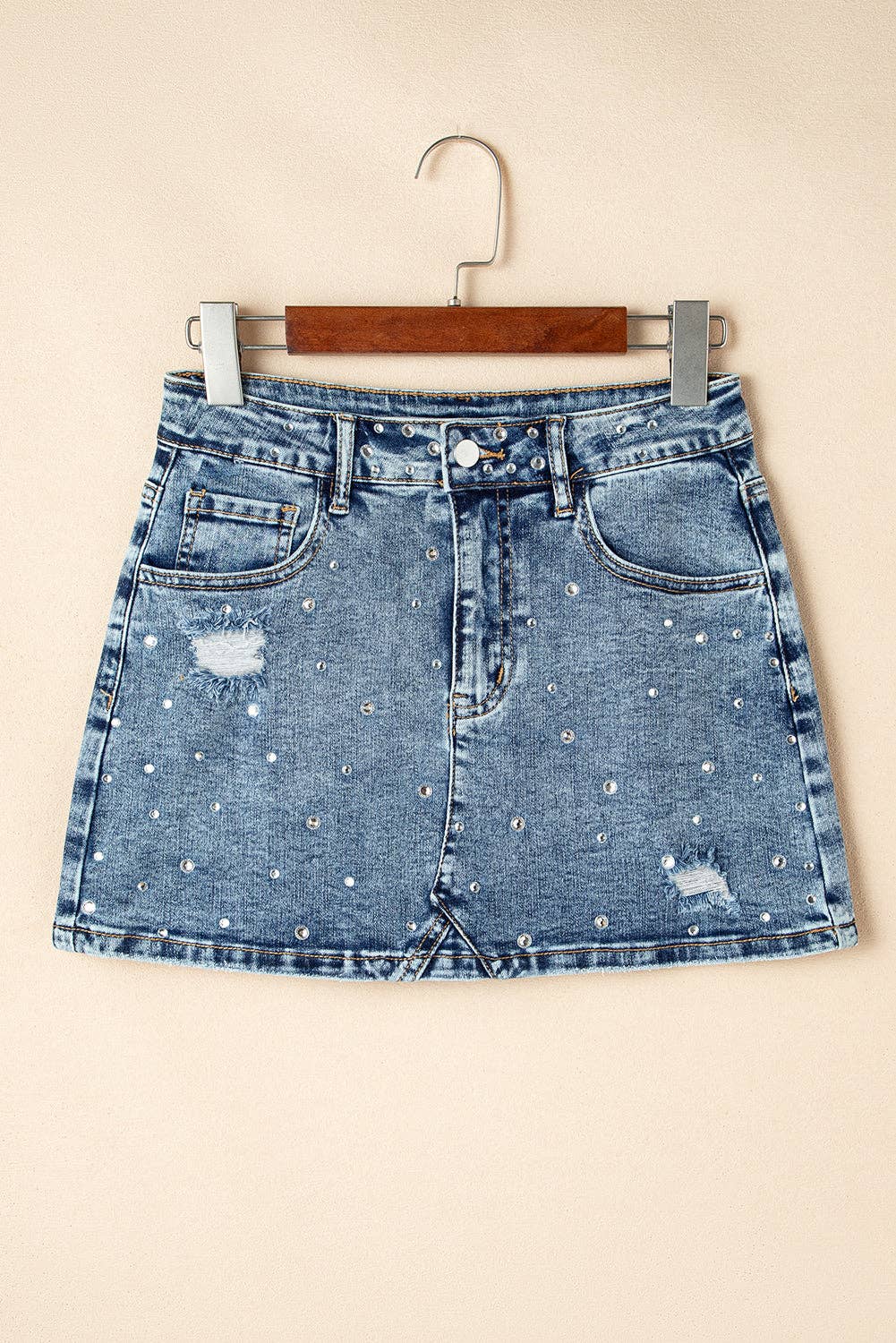 Denim Rhinestone High Waist Mini Skirt: Dusk Blue