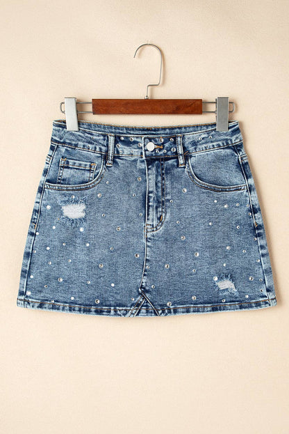 Denim Rhinestone High Waist Mini Skirt: Dusk Blue