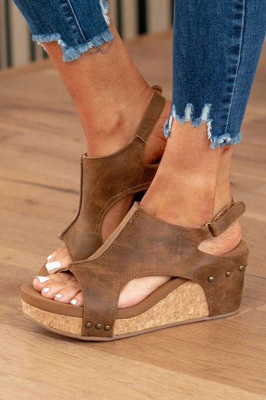 LDC Vintage Leather Stitching Studded Wedge Sandals