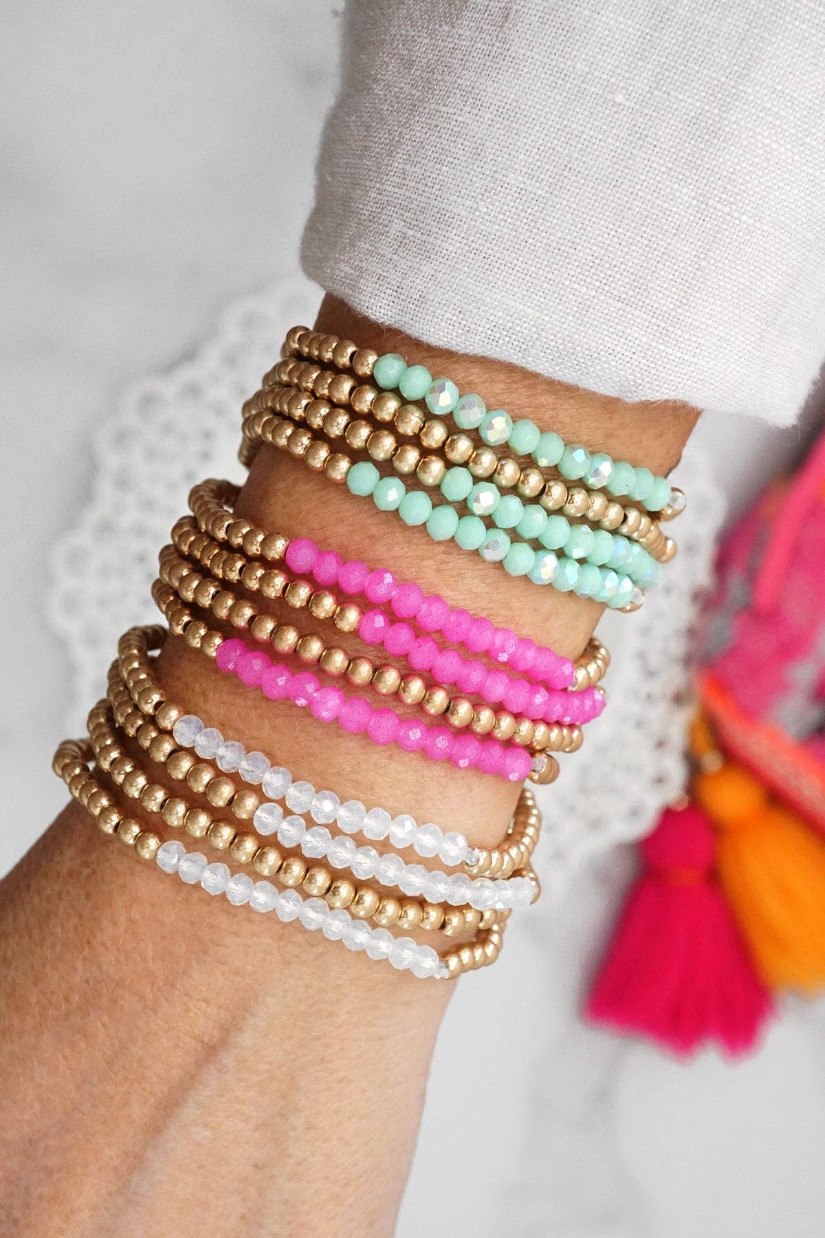 Bracelet stack Small Worn Gold Glass beads Pink Mint Denim