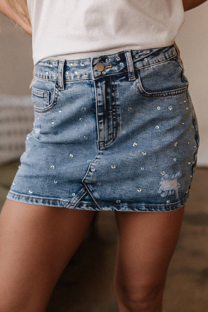 Denim Rhinestone High Waist Mini Skirt: Dusk Blue