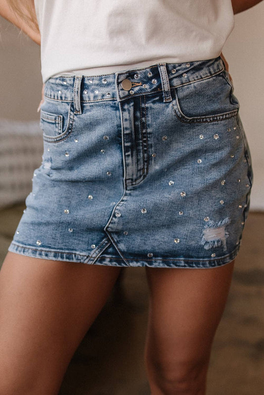 Denim Rhinestone High Waist Mini Skirt: Dusk Blue