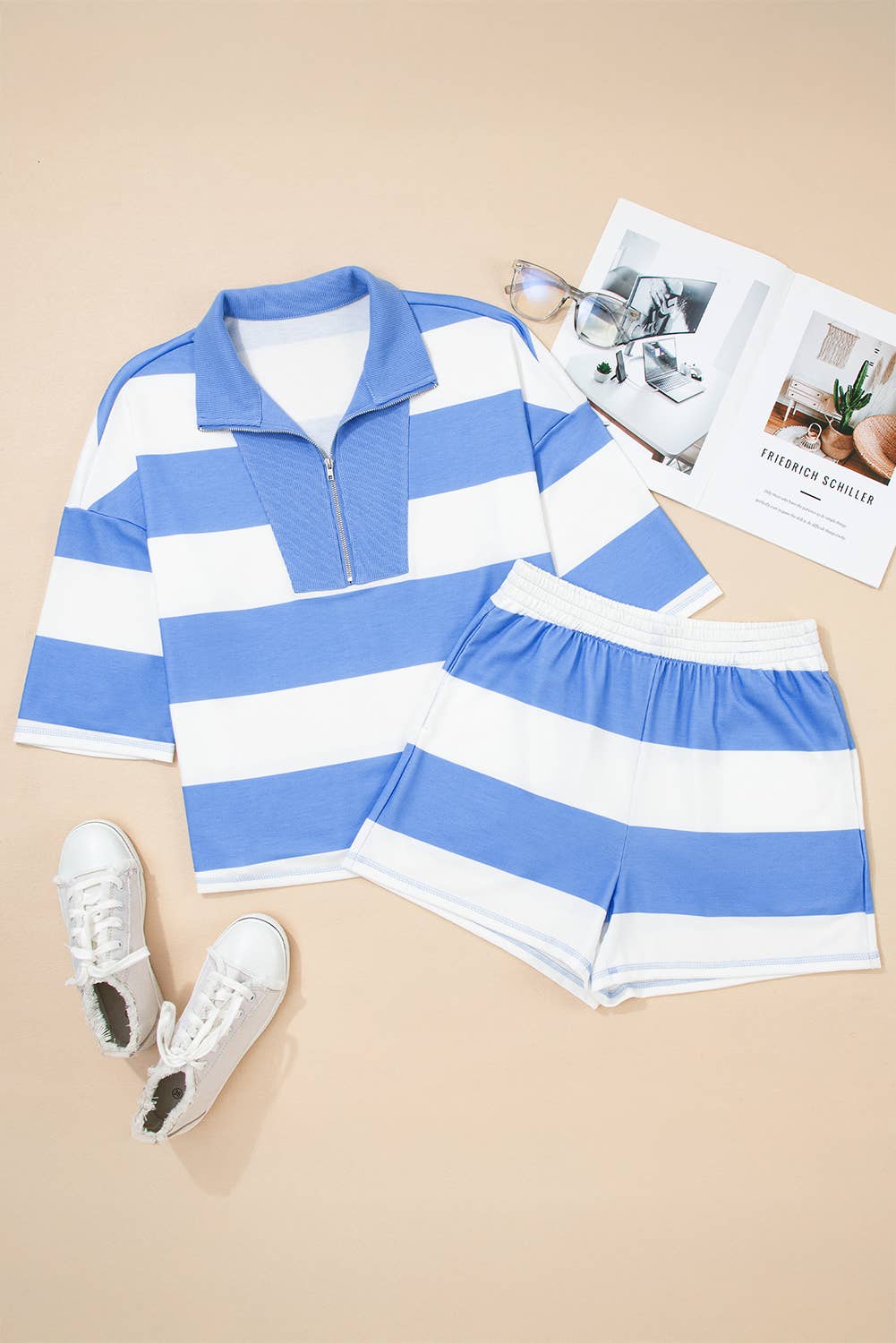 Striped Half Zip Oversize Tee Casual Shorts 2pcs Set