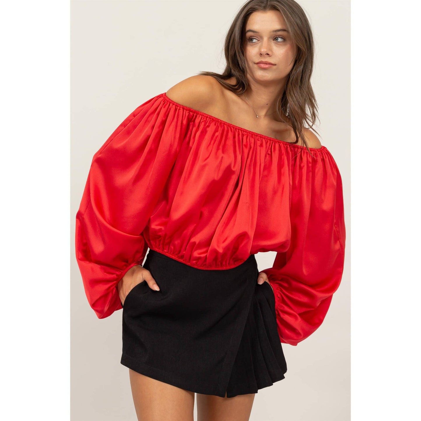 Caroline satin sleeve top in red