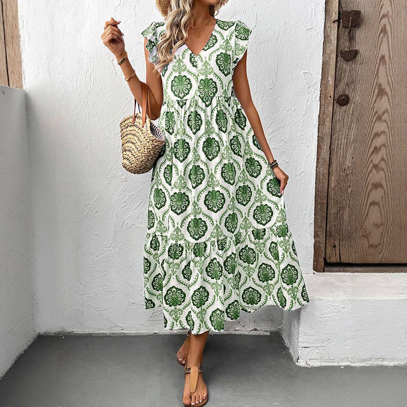 V neck green floral dress 