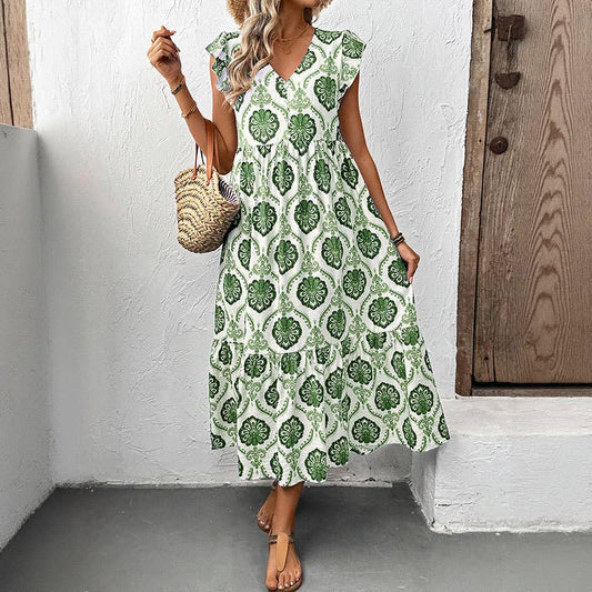 V neck green floral dress 