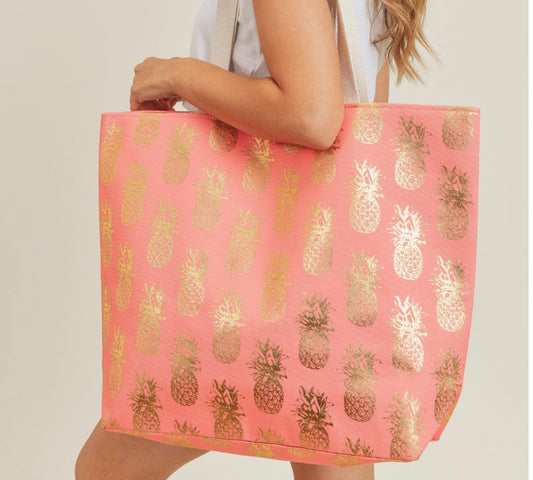 Gold Pineapples on Coral Tote