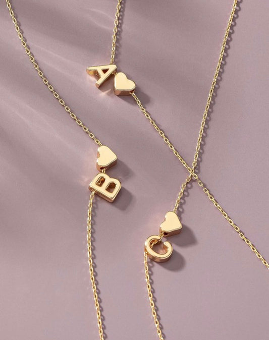 Brass mini initial necklace with heart