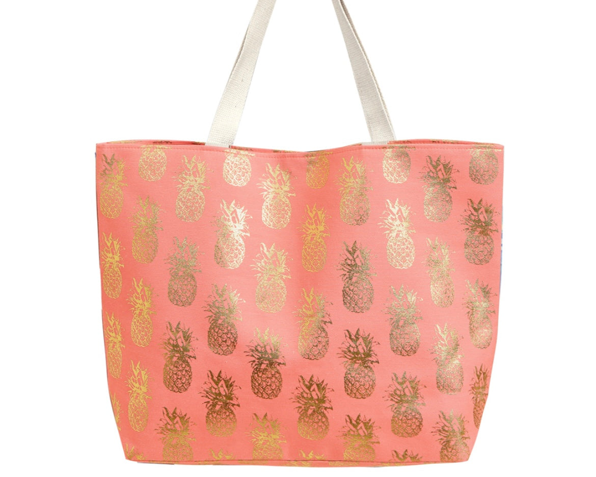 Gold Pineapples on Coral Tote