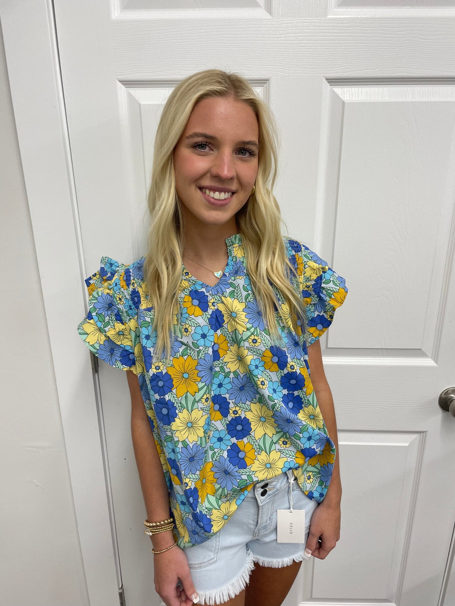 Blue flowers neck blouse