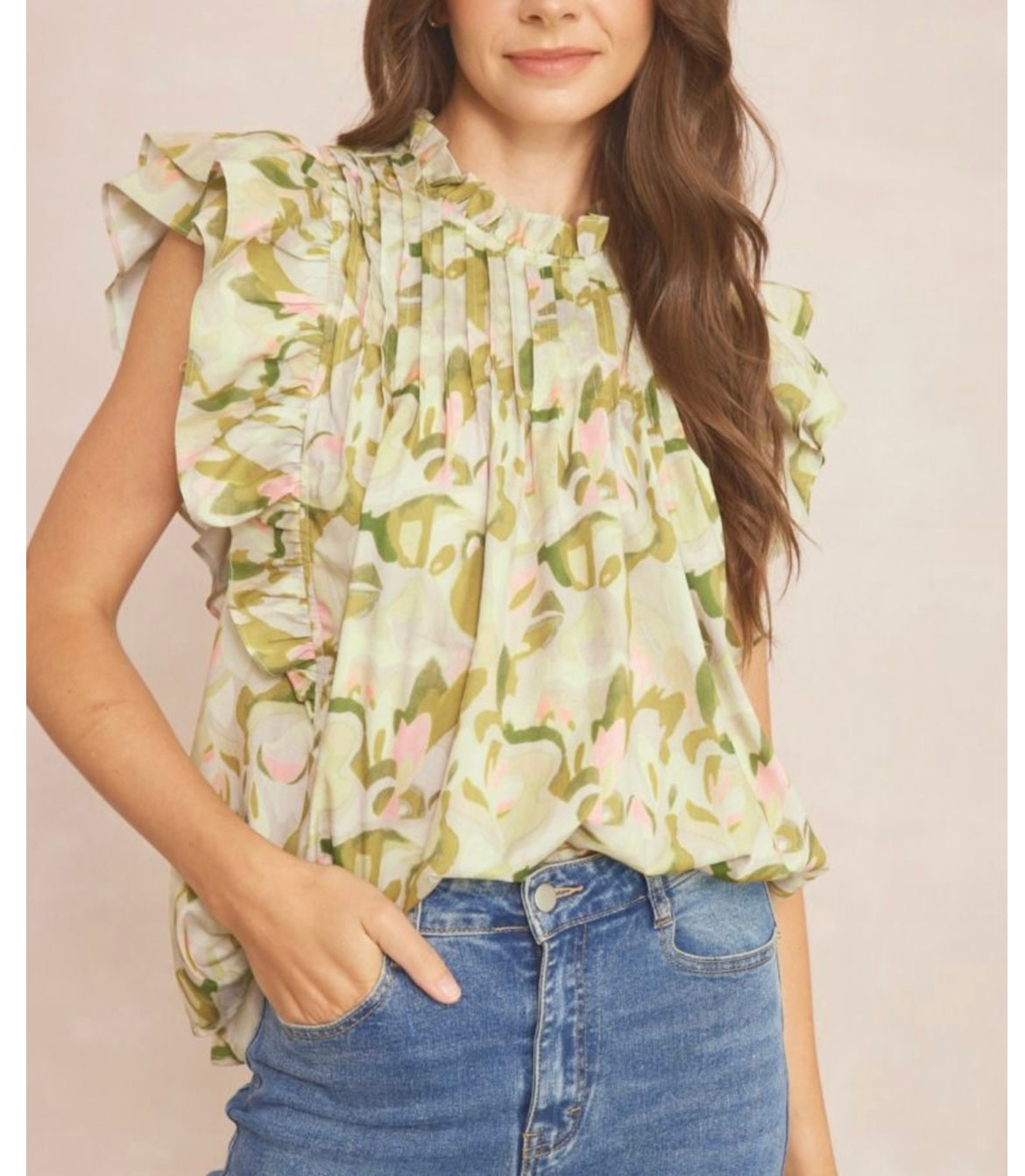 Olive combo flutter sleeve shirt