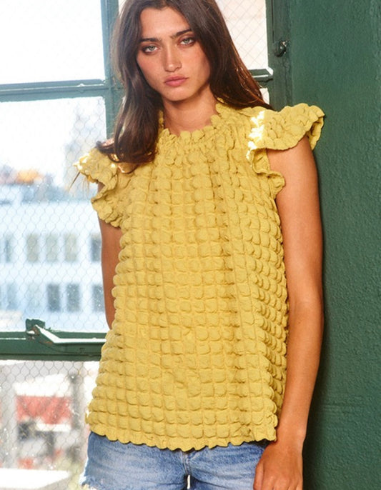 Bubble textured ruffle chartreuse blouse