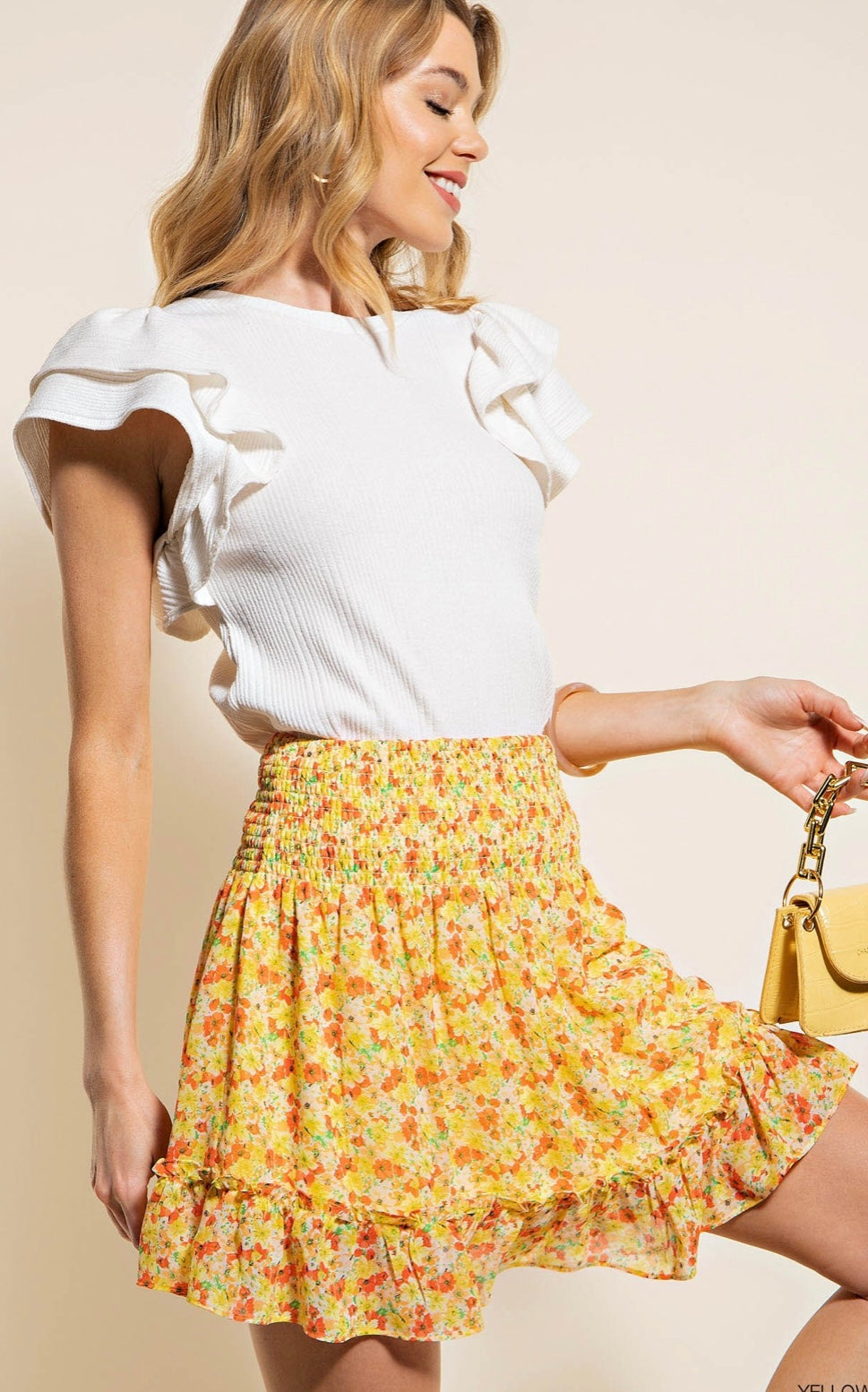 Yellow mix waist smocking skirt