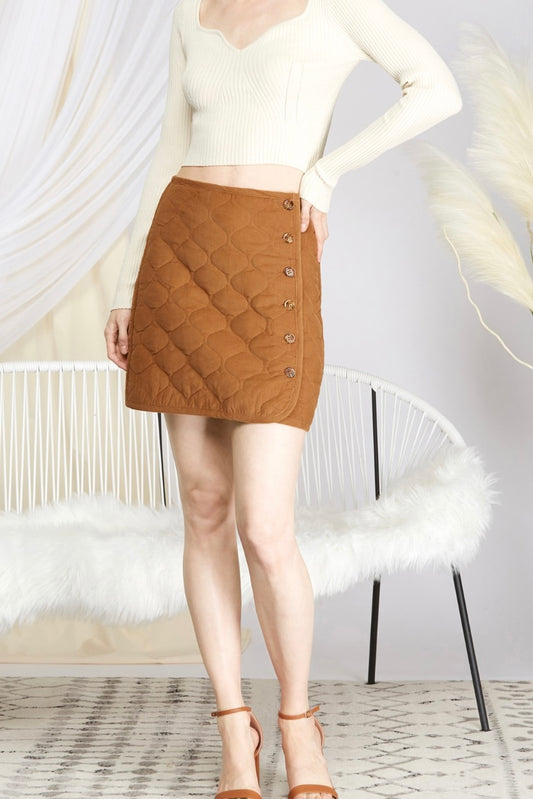 Camel Corduroy Mini Skirt with Button Detail