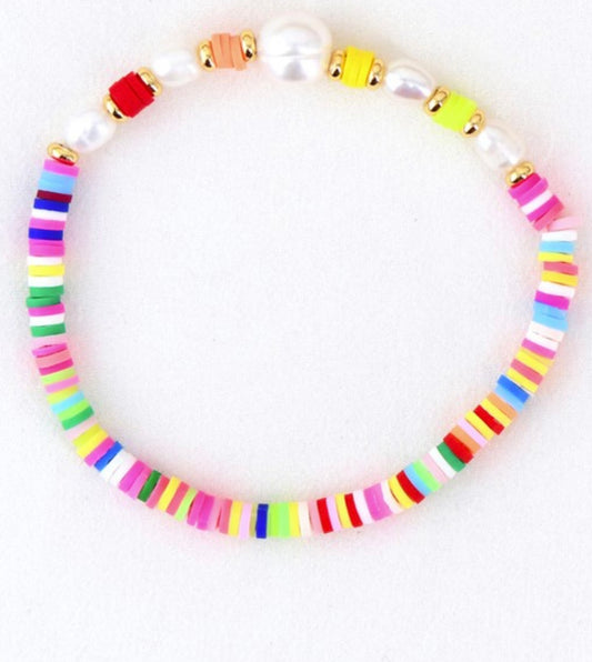 Multicolored flat rubber disc bead pearl bracelet