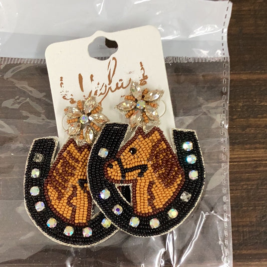 Beaded Horse & Horseshoe Earrings Brown/Black