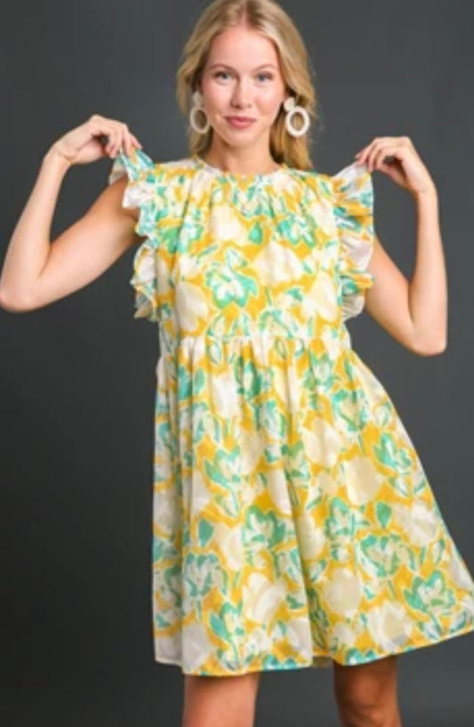 Green and yellow ruffle sleeve dress