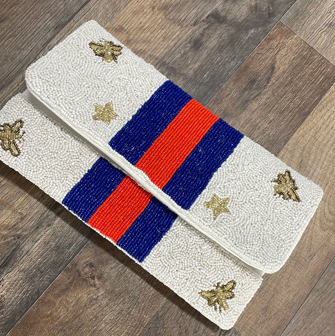 Stripe Center Bee & Star beaded clutch