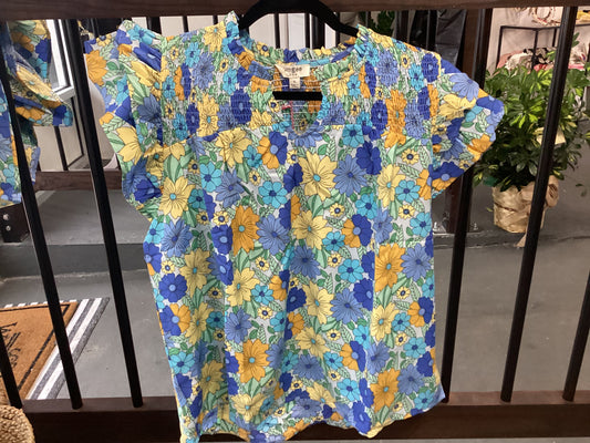 Blue flowers neck blouse