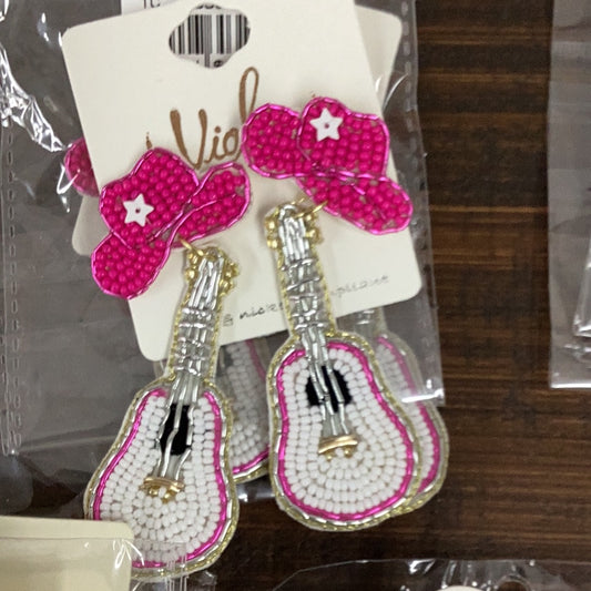 Bead Guitar & Cowgirl Hat Earrings Fuchsia/White