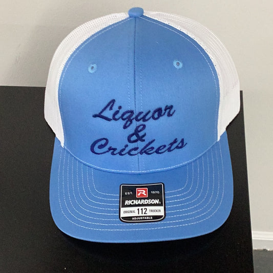 Carolina Blue white mesh richardson Liquor & Crickets embroidered hat