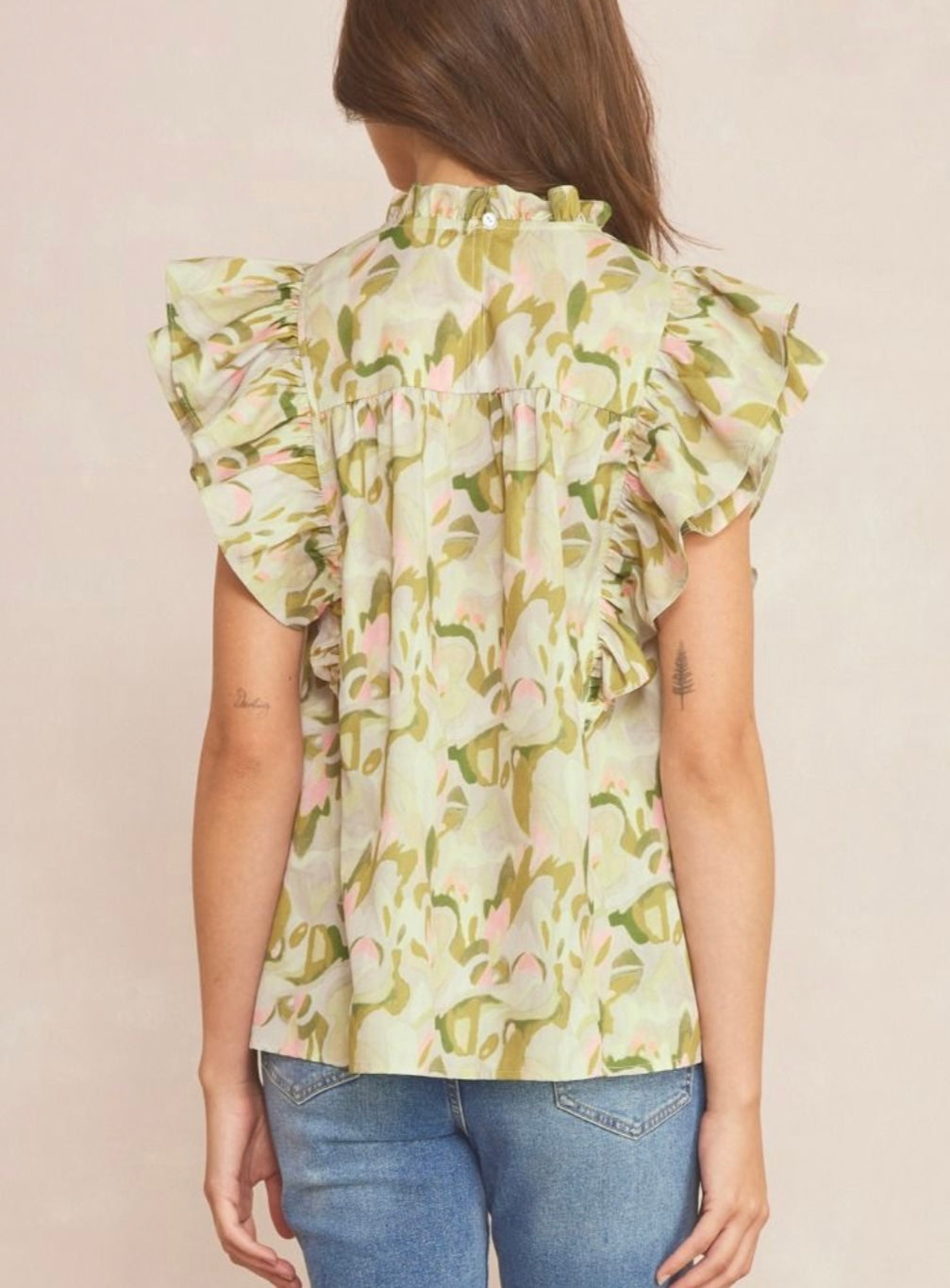 Olive combo flutter sleeve shirt