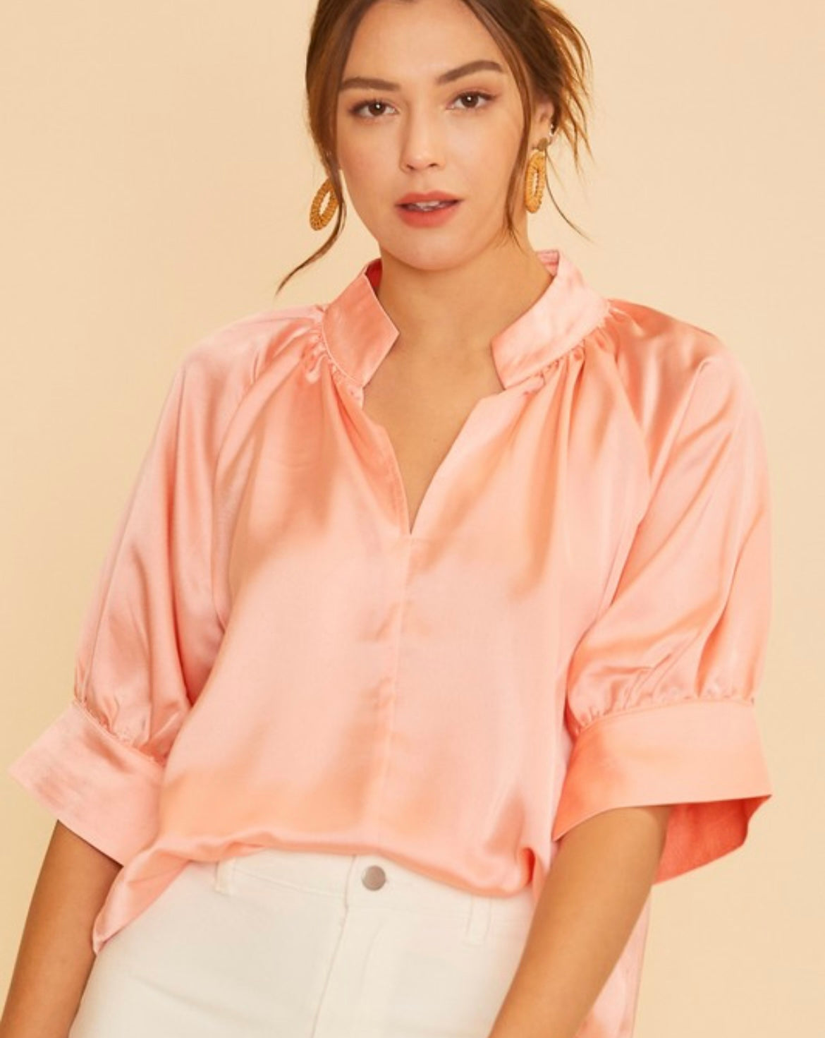 Peach satin V neck blouse