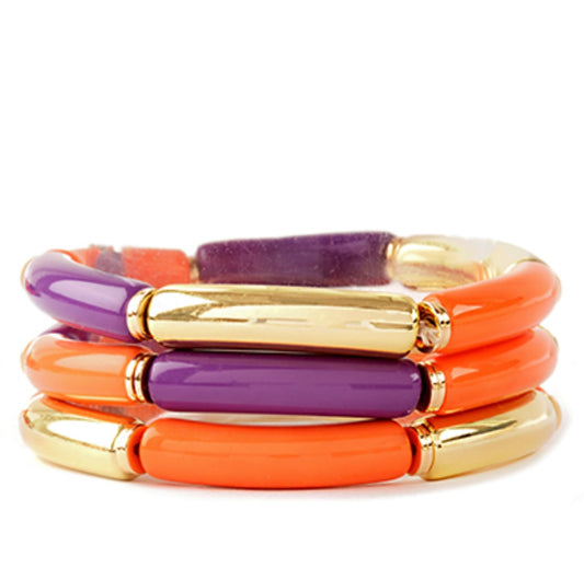 Gold/Orange/Purple bead 3 stretch bracelet