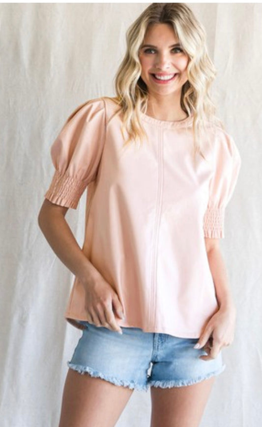 Light Pink Pleather Puffed Sleeve Top