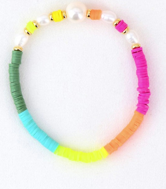 Multicolored flat rubber disc pearl bracelet neon