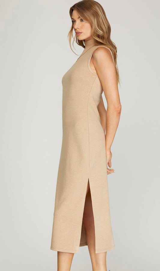 Taupe Sleeveless Mock Neck Midi Dress