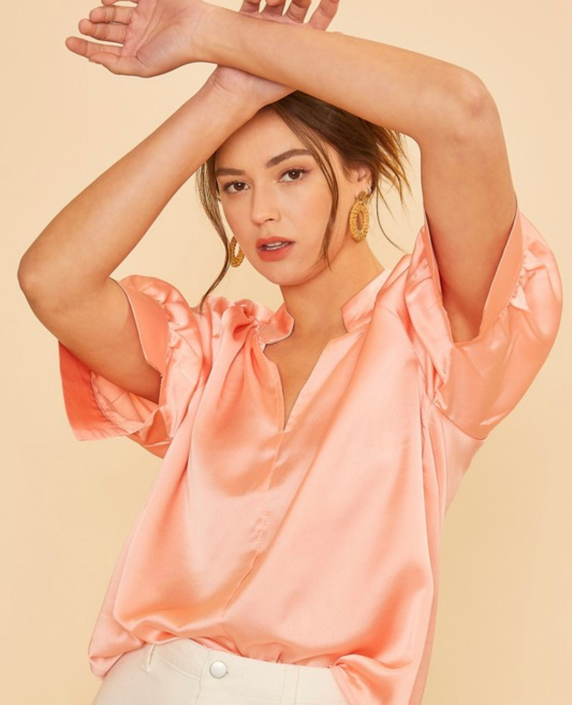 Peach satin V neck blouse