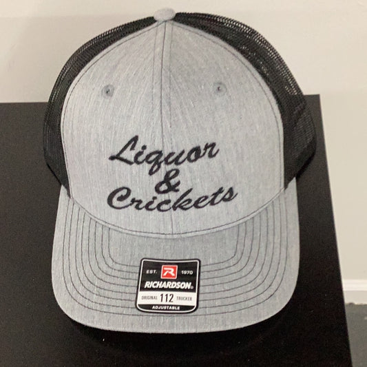 Light gray/black mesh Richardson embroidered Liquor & Crickets hat