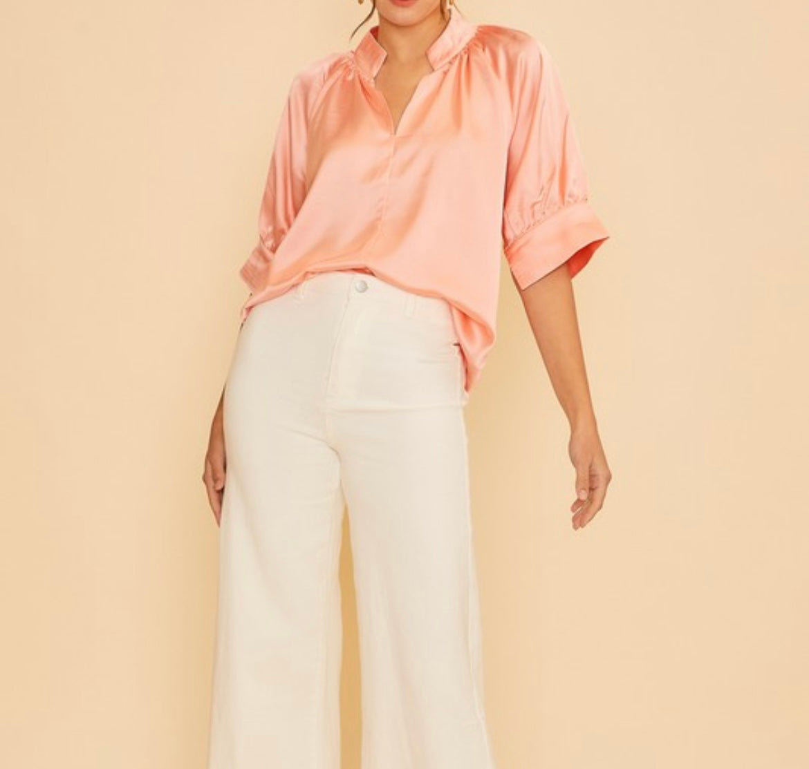 Peach satin V neck blouse