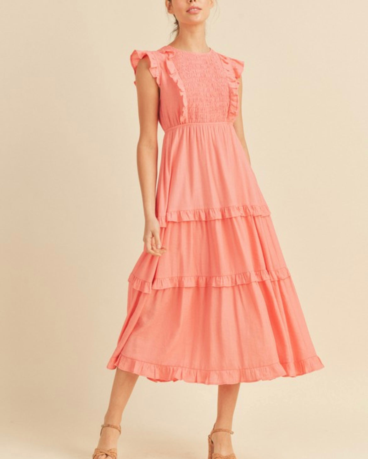 Coral Pink Smocked Ruffled Midi