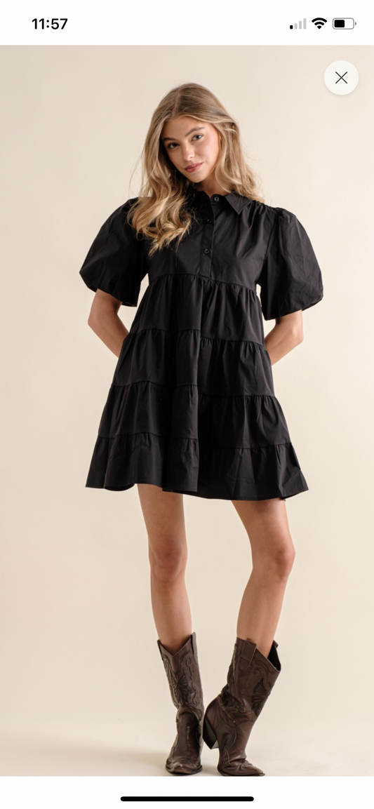 Black button up tiered puff sleeve dress