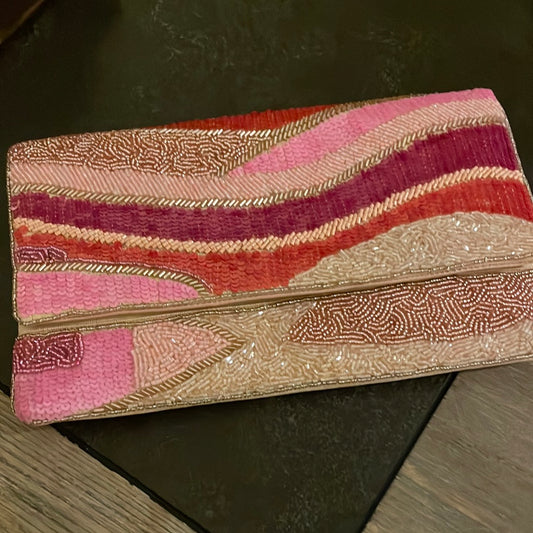 Wavy Color Block Beaded Clutch