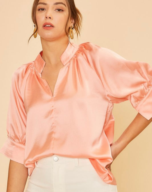 Peach satin V neck blouse