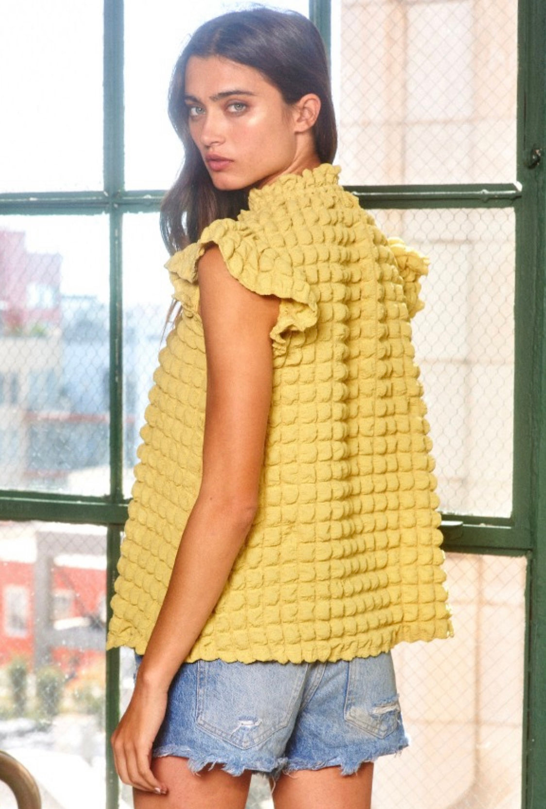 Bubble textured ruffle chartreuse blouse