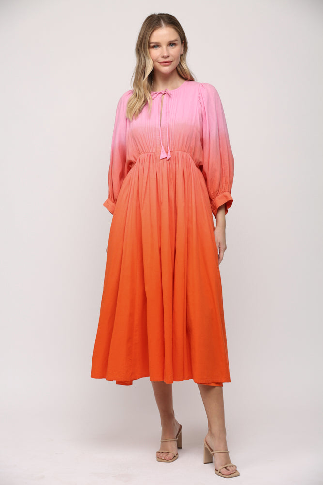 Diana Dip Dye Ombré Tie Neck Midi Dress