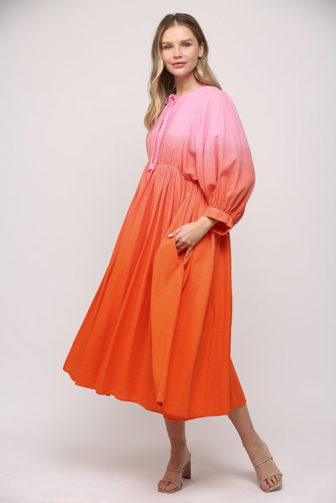 Diana Dip Dye Ombré Tie Neck Midi Dress