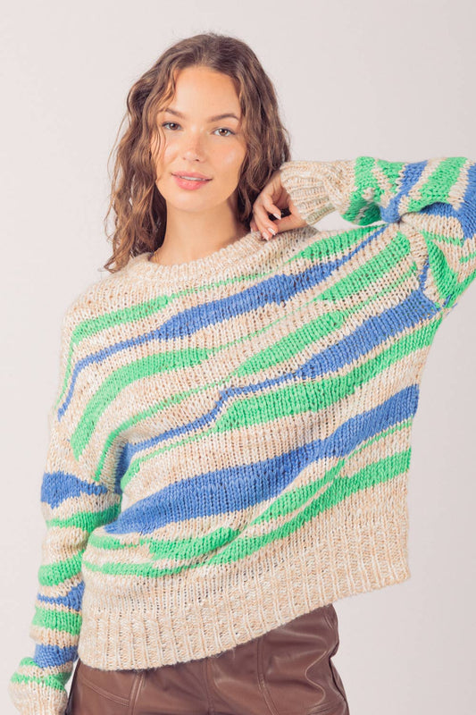 Multi Color Casual Knit Sweater Top: BLUE