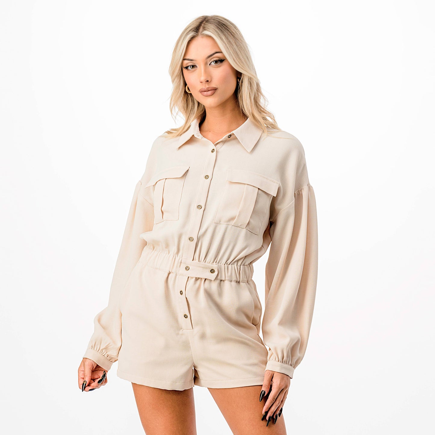 Long Sleeve Cinched Waist Utility Romper: BEIGE